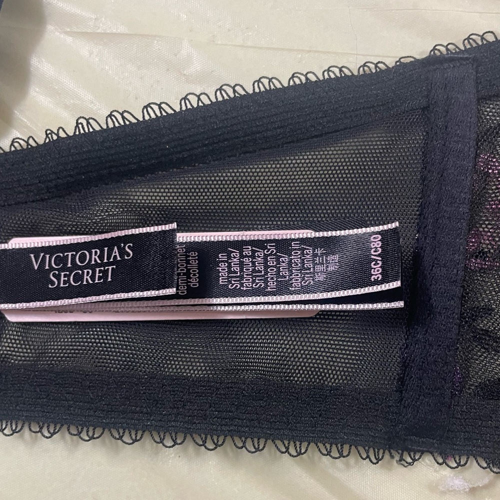 Victoria's Secret Black Embroidered Purple and Pink Accent Low Cut Demi - Picture 2 of 11